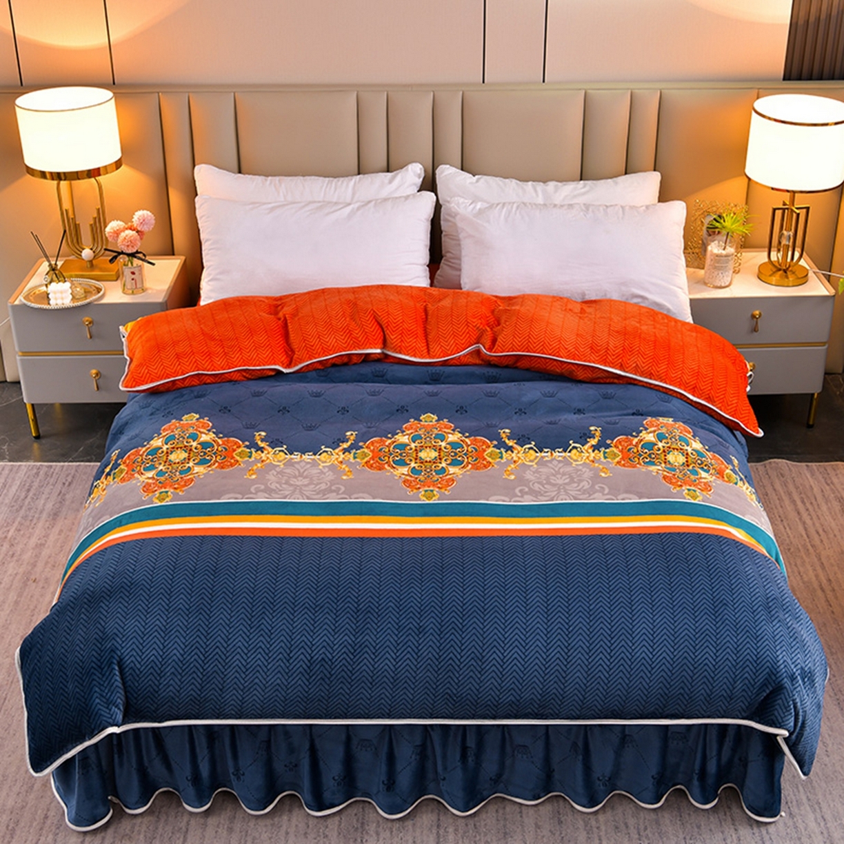 91家纺网 家纺一手货源 找家纺 梦宴 2025新款冬季牛奶绒加厚保暖床裙款法兰绒珊瑚绒四件套床上用品 乐享生活