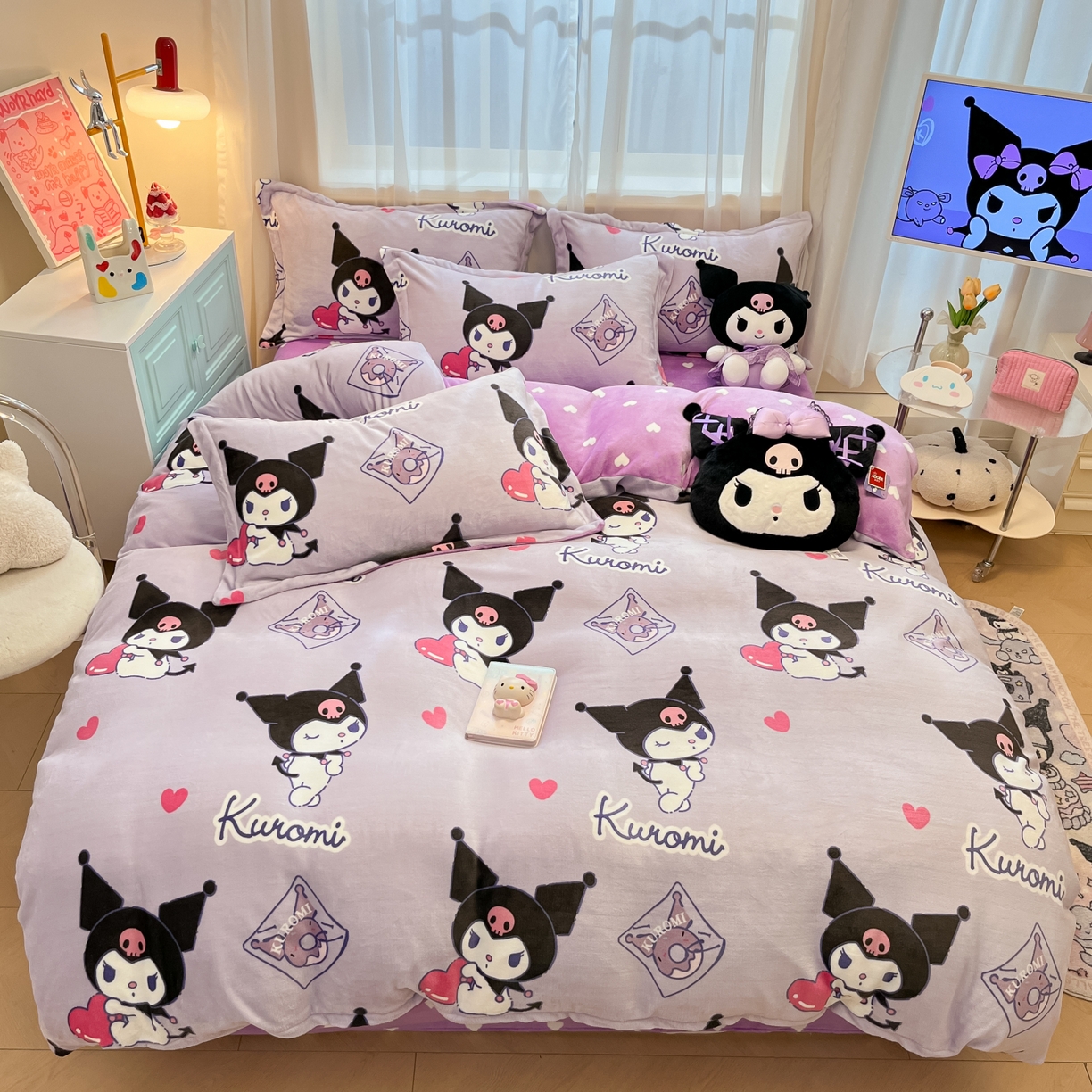 91家纺网 家纺一手货源 找家纺 暮思家居 2025新款三丽鸥正版授权高克重200克加厚保暖卡通牛奶绒四件套 牛奶绒-巴库库洛米