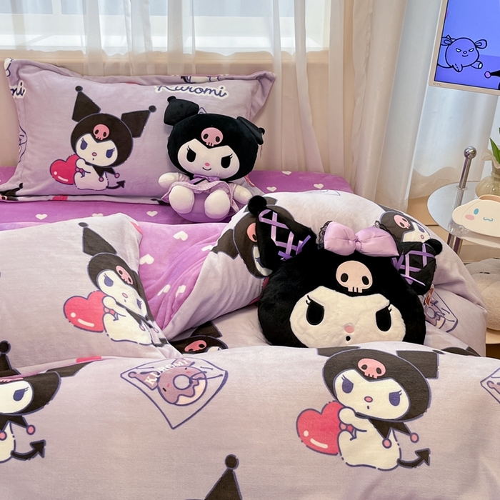 91家纺网 家纺一手货源 找家纺 暮思家居 2025新款三丽鸥正版授权高克重200克加厚保暖卡通牛奶绒四件套 牛奶绒-巴库库洛米