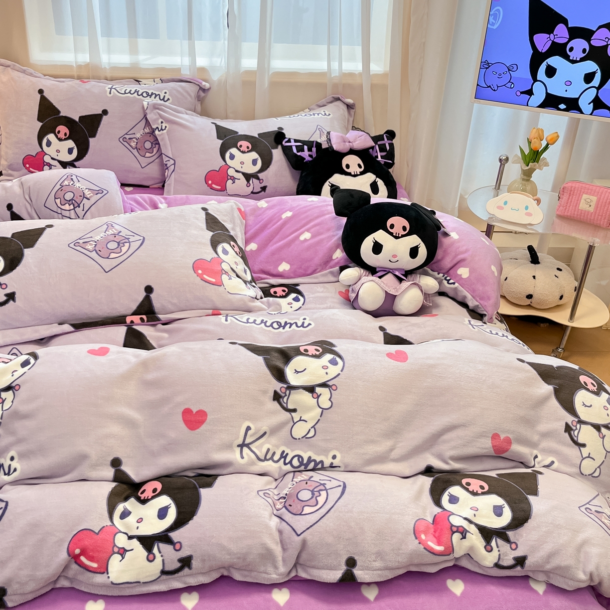 91家纺网 家纺一手货源 找家纺 暮思家居 2025新款三丽鸥正版授权高克重200克加厚保暖卡通牛奶绒四件套 牛奶绒-巴库库洛米