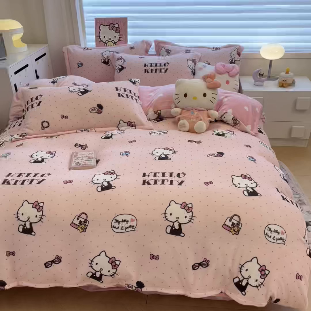 91家纺网 家纺一手货源 找家纺 暮思家居 2025新款三丽鸥正版授权高克重200克加厚保暖卡通牛奶绒四件套 牛奶绒-波点凯蒂