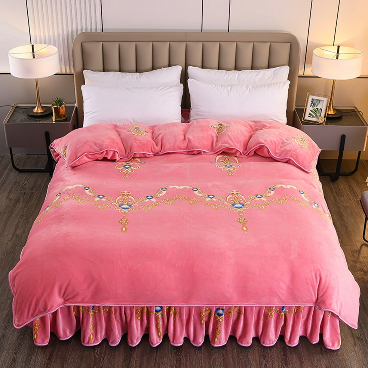 91家纺网 家纺一手货源 找家纺 梦宴 2025新款冬季牛奶绒加厚保暖床裙款法兰绒珊瑚绒四件套床上用品 梦恋