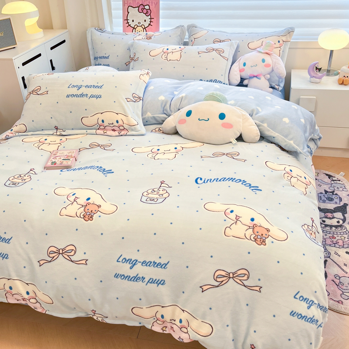 91家纺网 家纺一手货源 找家纺 暮思家居 2025新款三丽鸥正版授权高克重200克加厚保暖卡通牛奶绒四件套 牛奶绒-点点玉桂狗