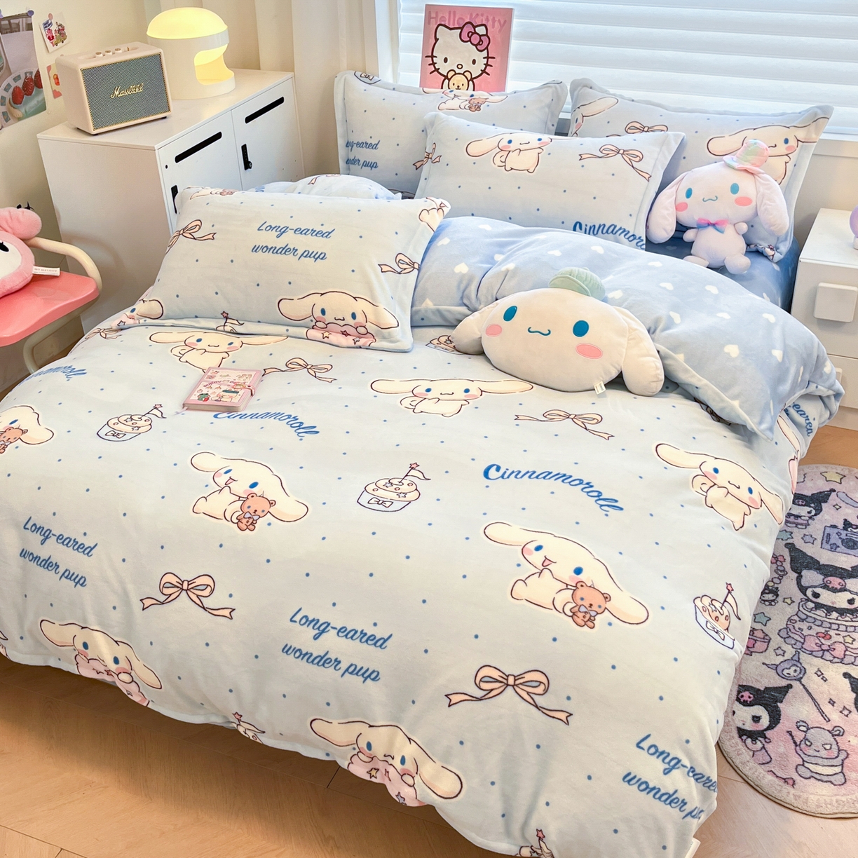 91家纺网 家纺一手货源 找家纺 暮思家居 2025新款三丽鸥正版授权高克重200克加厚保暖卡通牛奶绒四件套 牛奶绒-点点玉桂狗