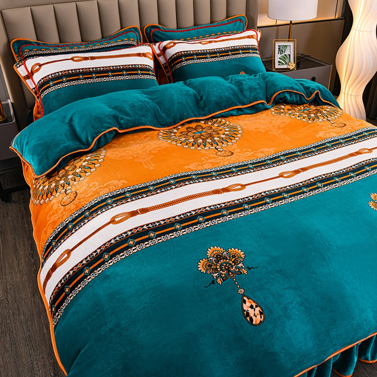 91家纺网 家纺一手货源 找家纺 梦宴 2025新款冬季牛奶绒加厚保暖床裙款法兰绒珊瑚绒四件套床上用品 魅力人生