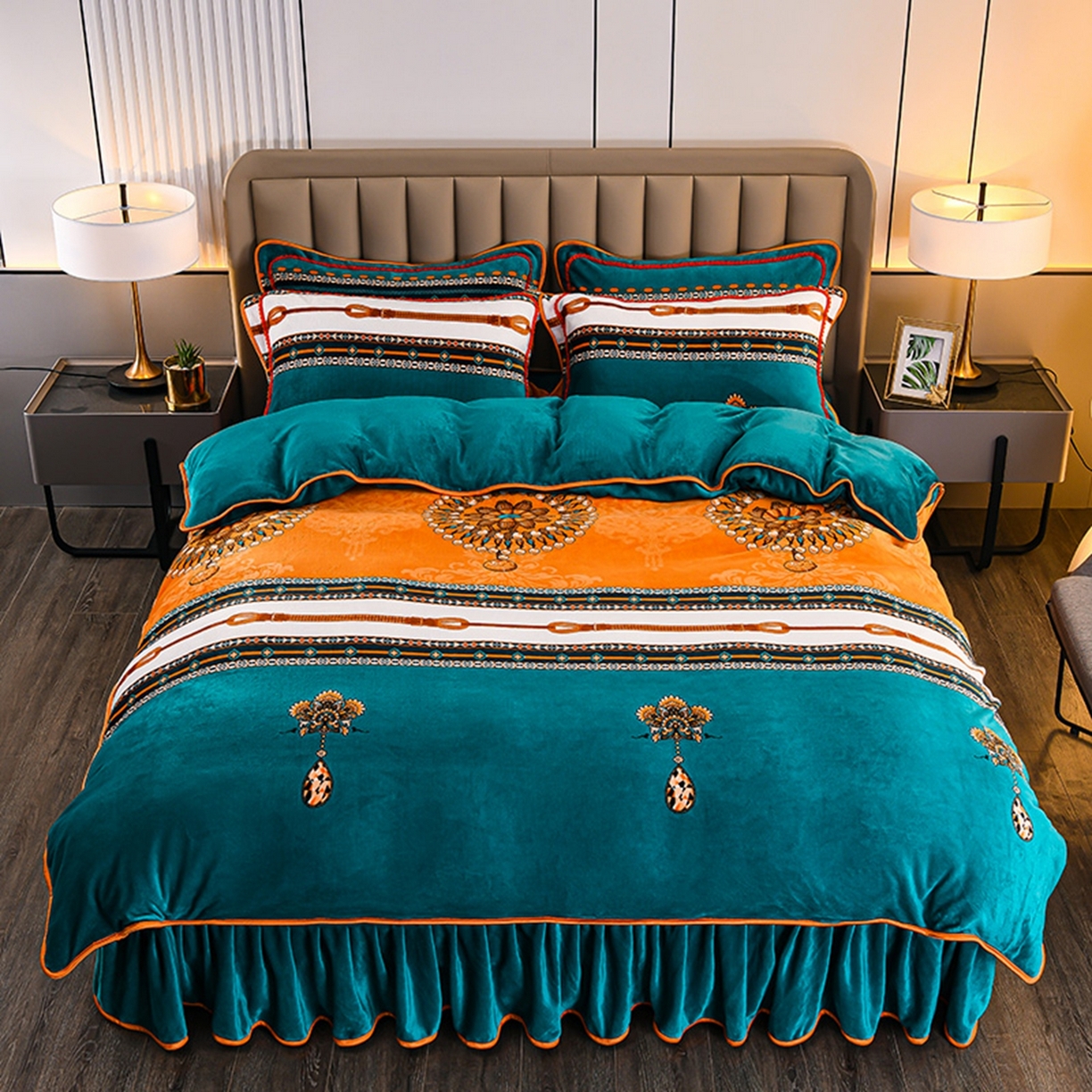 91家纺网 家纺一手货源 找家纺 梦宴 2025新款冬季牛奶绒加厚保暖床裙款法兰绒珊瑚绒四件套床上用品 魅力人生