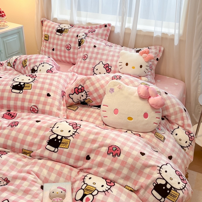 91家纺网 家纺一手货源 找家纺 暮思家居 2025新款三丽鸥正版授权高克重200克加厚保暖卡通牛奶绒四件套 牛奶绒-粉格kt