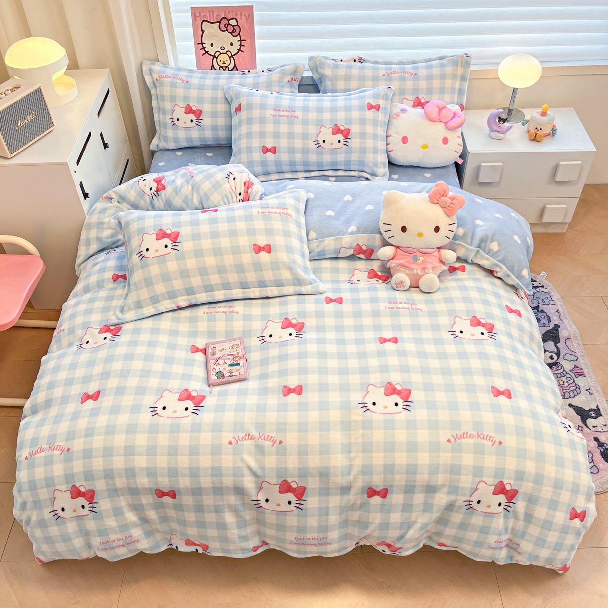 91家纺网 家纺一手货源 找家纺 暮思家居 2025新款三丽鸥正版授权高克重200克加厚保暖卡通牛奶绒四件套 牛奶绒-乖巧KT