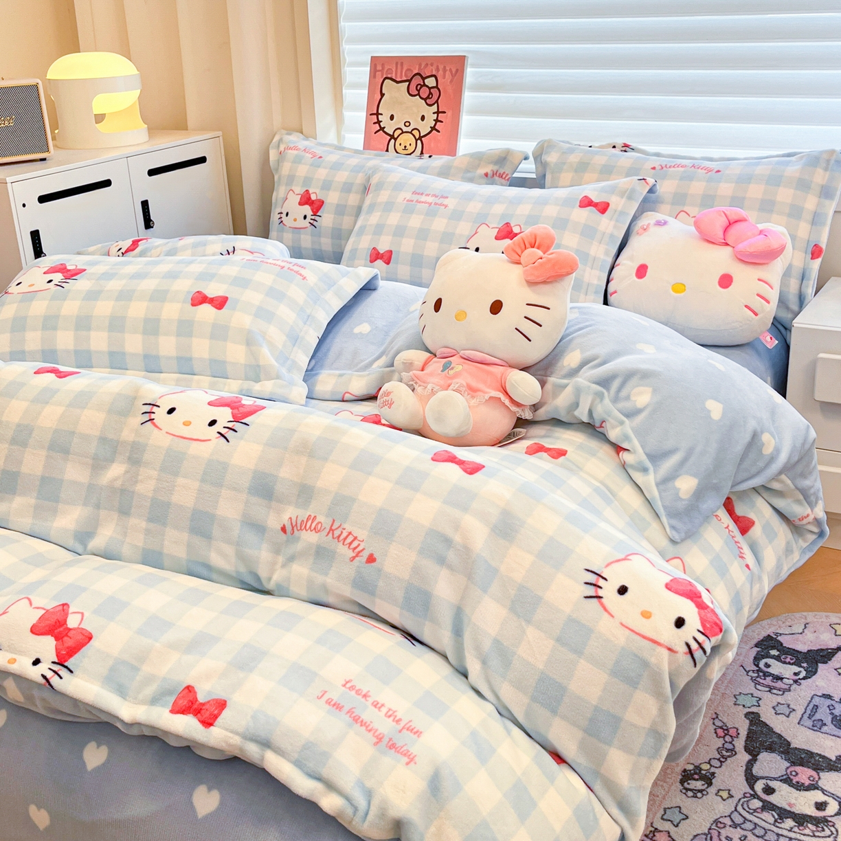 91家纺网 家纺一手货源 找家纺 暮思家居 2025新款三丽鸥正版授权高克重200克加厚保暖卡通牛奶绒四件套 牛奶绒-乖巧KT