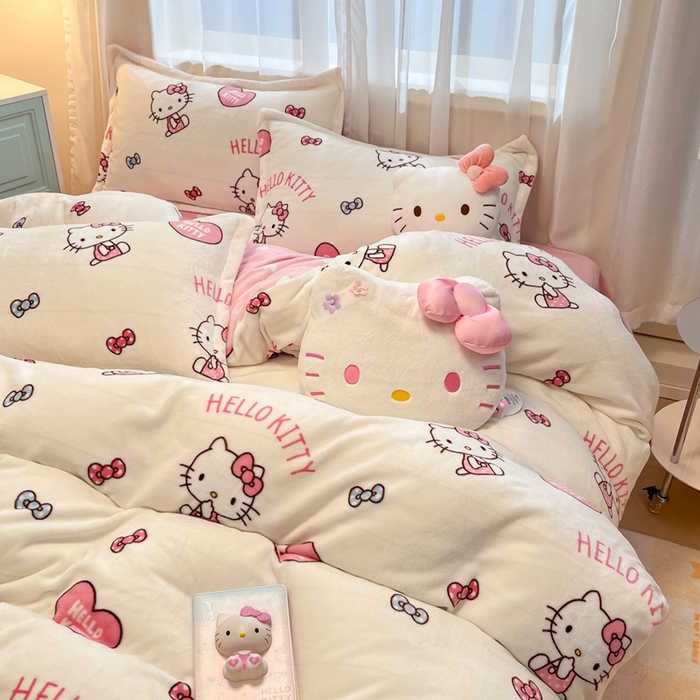 91家纺网 家纺一手货源 找家纺 暮思家居 2025新款三丽鸥正版授权高克重200克加厚保暖卡通牛奶绒四件套 牛奶绒-蝴蝶结kt