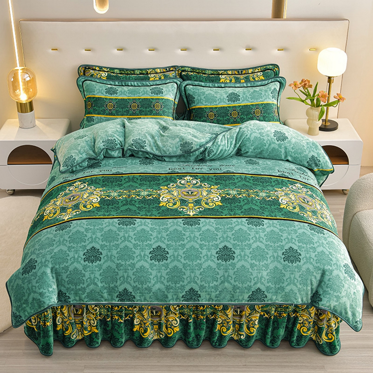 91家纺网 家纺一手货源 找家纺 梦宴 2025新款冬季牛奶绒加厚保暖床裙款法兰绒珊瑚绒四件套床上用品 欧式情怀