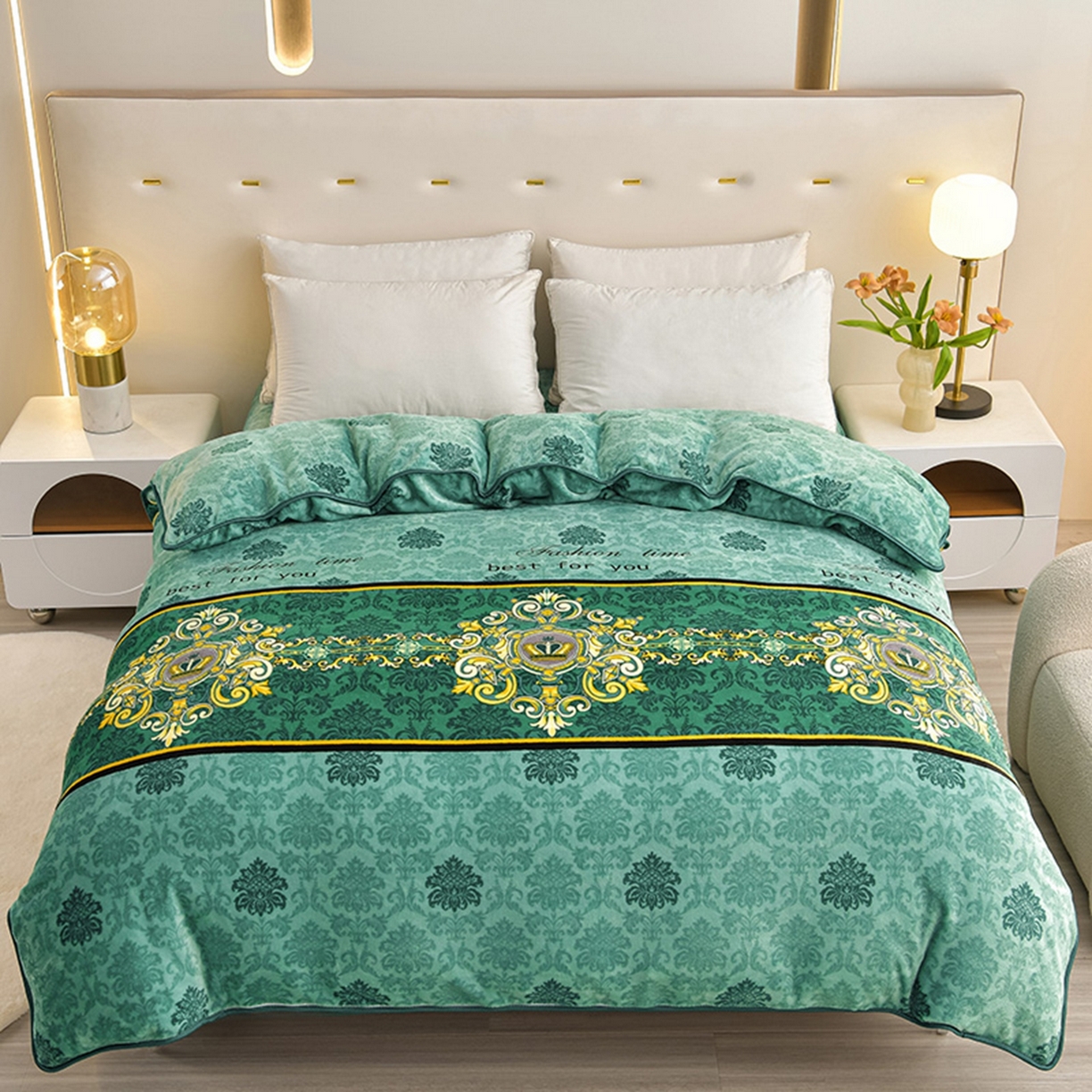 91家纺网 家纺一手货源 找家纺 梦宴 2025新款冬季牛奶绒加厚保暖床裙款法兰绒珊瑚绒四件套床上用品 欧式情怀