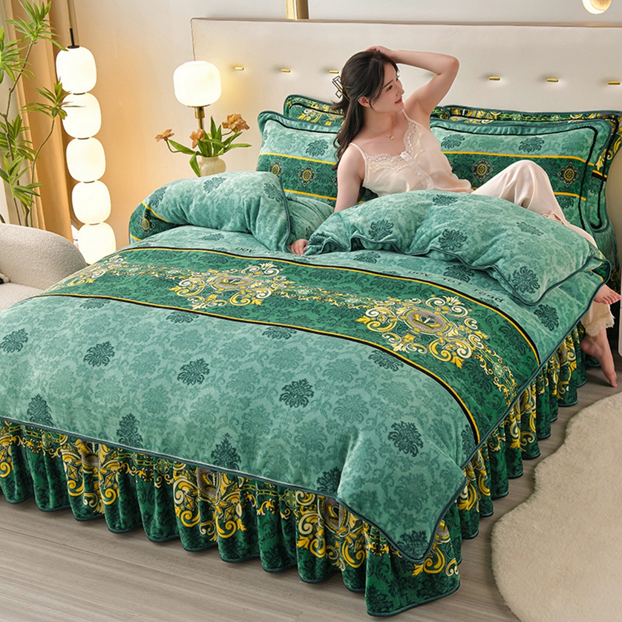 91家纺网 家纺一手货源 找家纺 梦宴 2025新款冬季牛奶绒加厚保暖床裙款法兰绒珊瑚绒四件套床上用品 欧式情怀