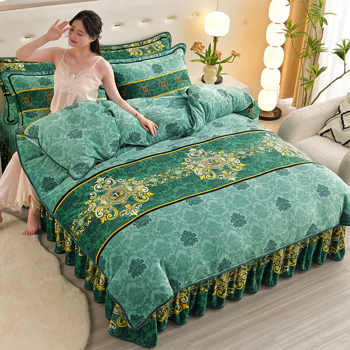 91家纺网 家纺一手货源 找家纺 梦宴 2025新款冬季牛奶绒加厚保暖床裙款法兰绒珊瑚绒四件套床上用品 欧式情怀