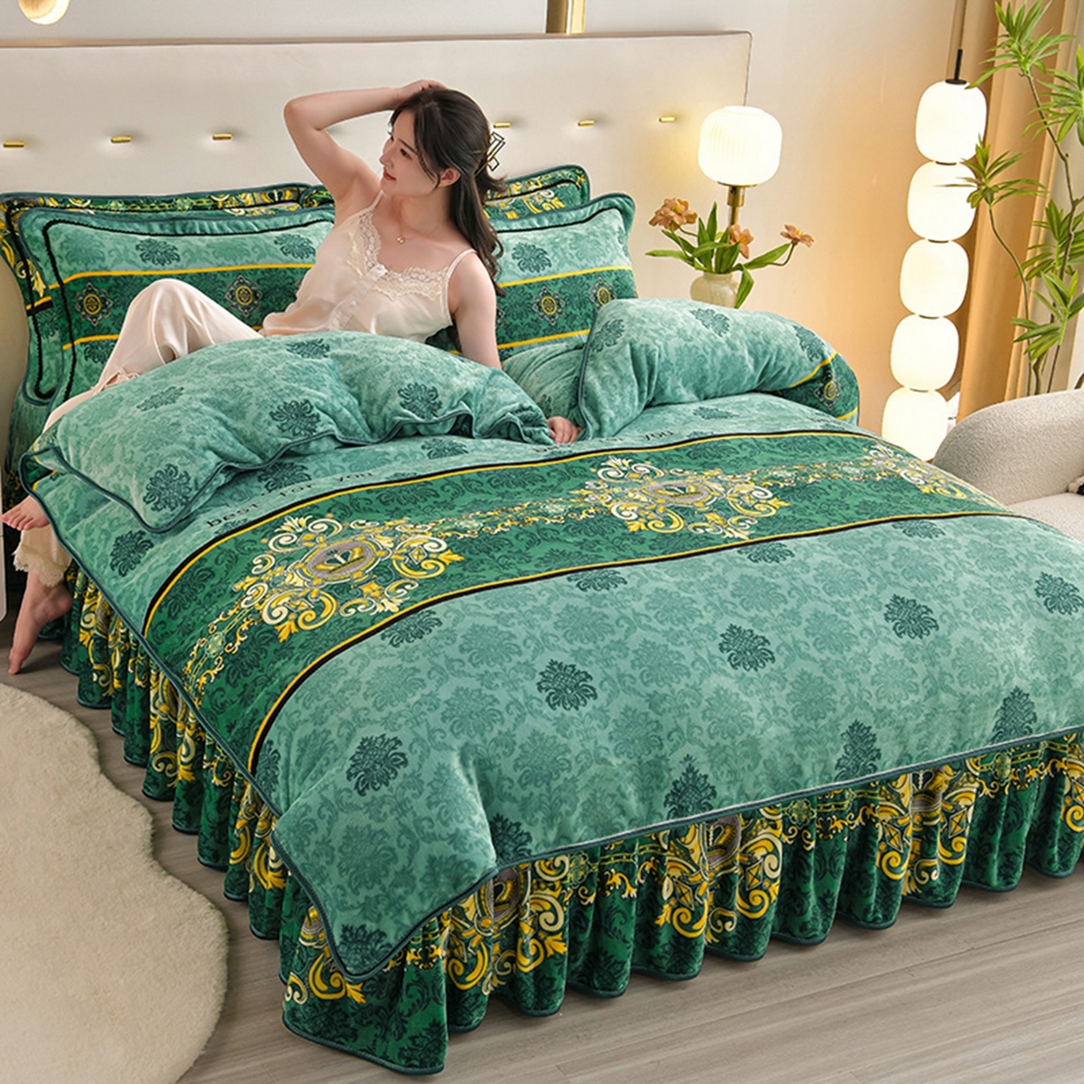 91家纺网 家纺一手货源 找家纺 梦宴 2025新款冬季牛奶绒加厚保暖床裙款法兰绒珊瑚绒四件套床上用品 欧式情怀