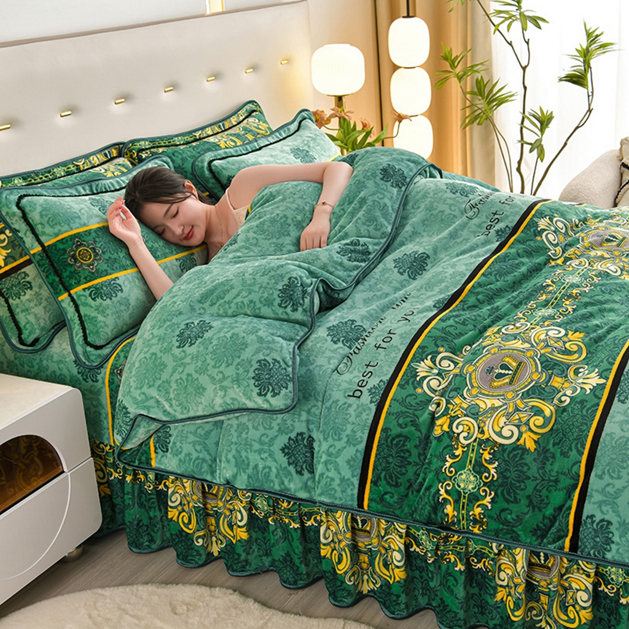 91家纺网 家纺一手货源 找家纺 梦宴 2025新款冬季牛奶绒加厚保暖床裙款法兰绒珊瑚绒四件套床上用品 欧式情怀