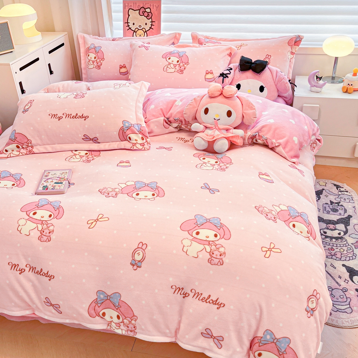 91家纺网 家纺一手货源 找家纺 暮思家居 2025新款三丽鸥正版授权高克重200克加厚保暖卡通牛奶绒四件套 牛奶绒-蝴蝶结美乐蒂