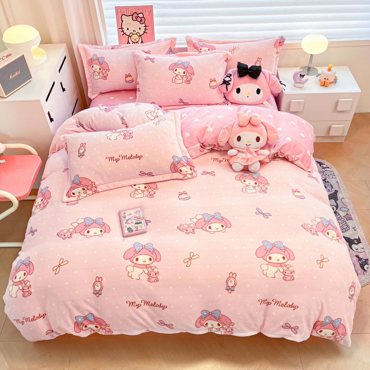 91家纺网 家纺一手货源 找家纺 暮思家居 2025新款三丽鸥正版授权高克重200克加厚保暖卡通牛奶绒四件套 牛奶绒-蝴蝶结美乐蒂