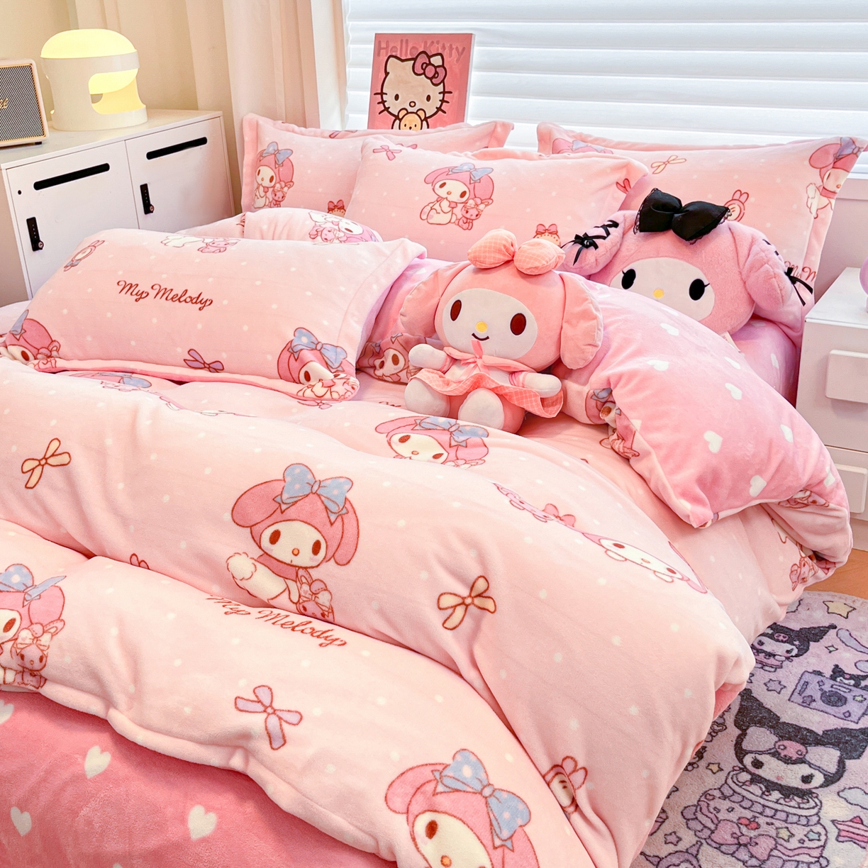 91家纺网 家纺一手货源 找家纺 暮思家居 2025新款三丽鸥正版授权高克重200克加厚保暖卡通牛奶绒四件套 牛奶绒-蝴蝶结美乐蒂