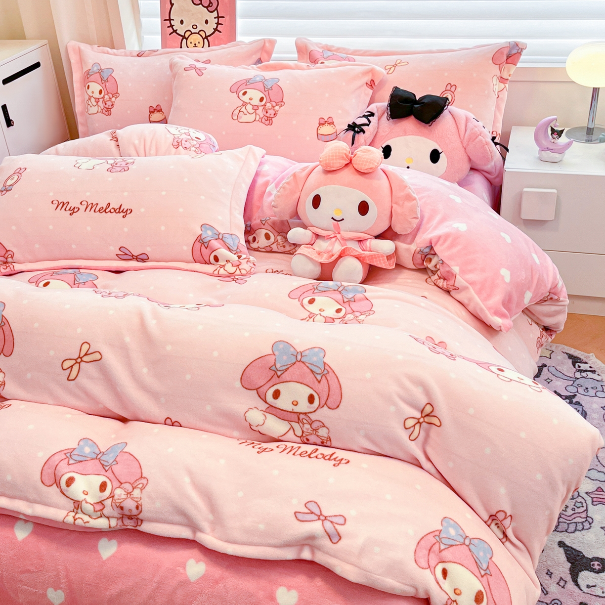 91家纺网 家纺一手货源 找家纺 暮思家居 2025新款三丽鸥正版授权高克重200克加厚保暖卡通牛奶绒四件套 牛奶绒-蝴蝶结美乐蒂