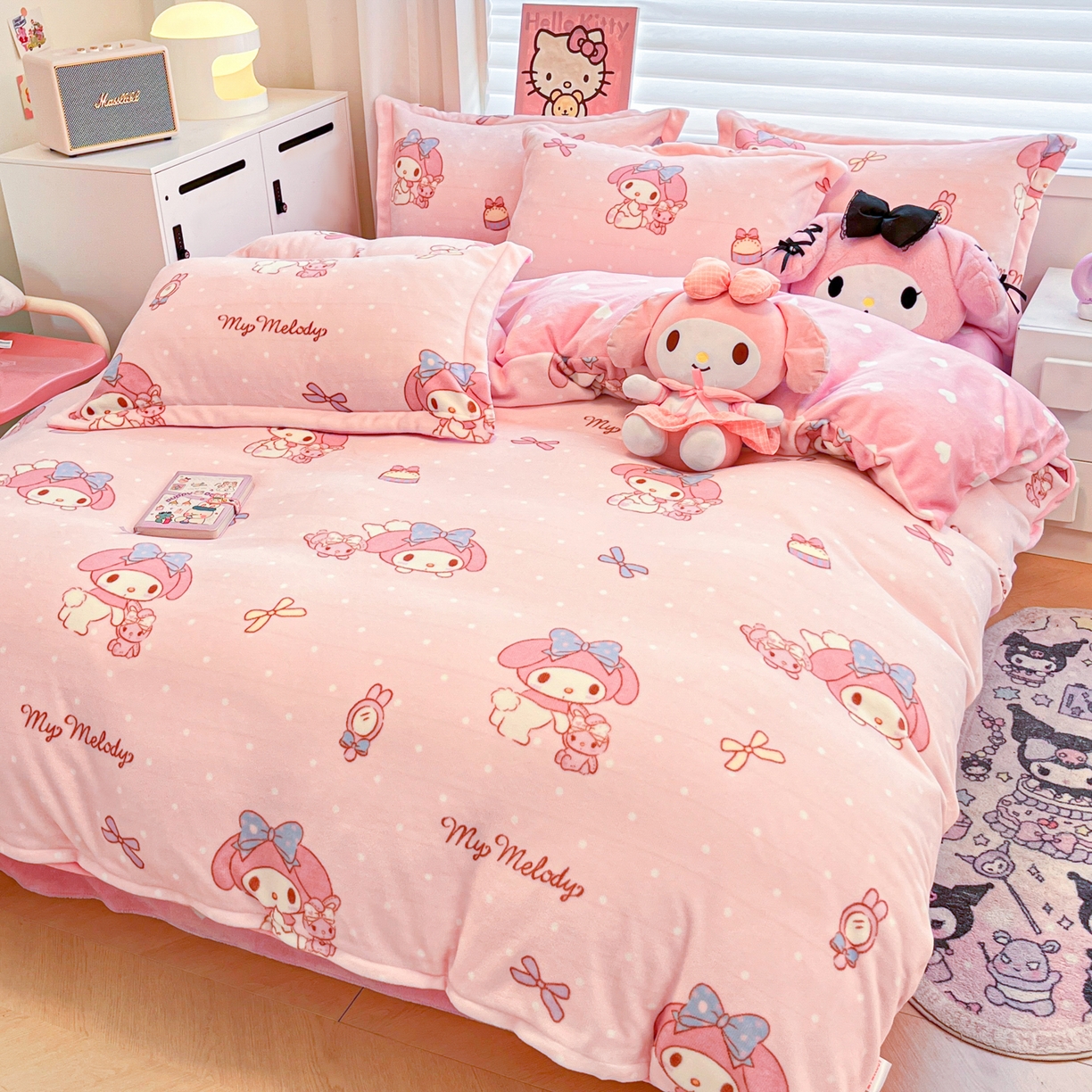 91家纺网 家纺一手货源 找家纺 暮思家居 2025新款三丽鸥正版授权高克重200克加厚保暖卡通牛奶绒四件套 牛奶绒-蝴蝶结美乐蒂