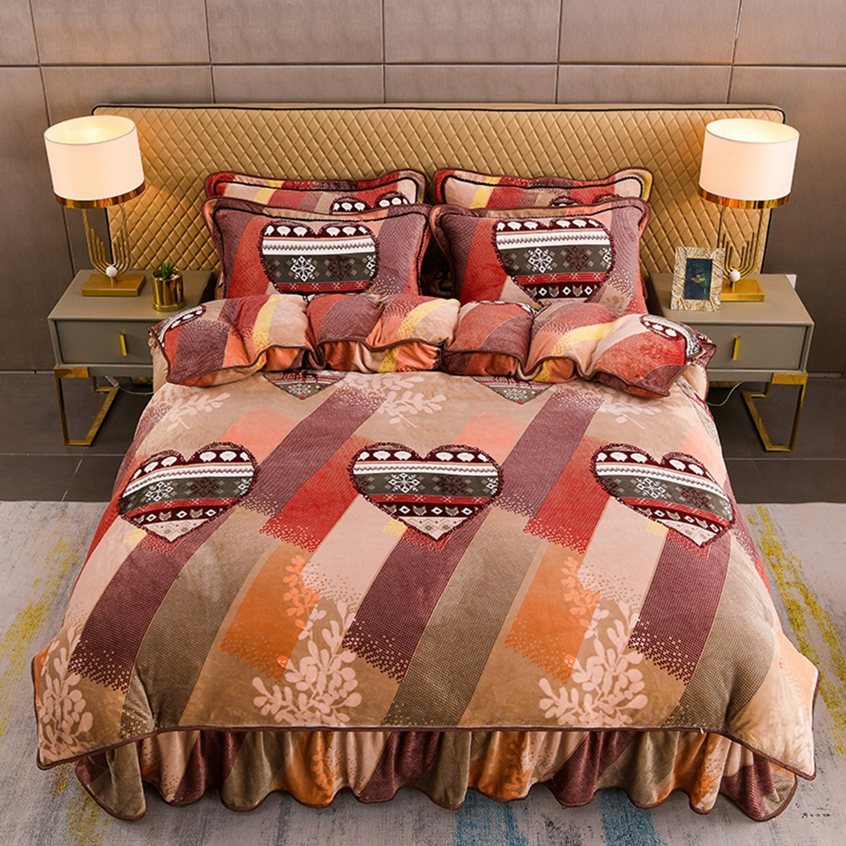 91家纺网 家纺一手货源 找家纺 梦宴 2025新款冬季牛奶绒加厚保暖床裙款法兰绒珊瑚绒四件套床上用品 怦然心动