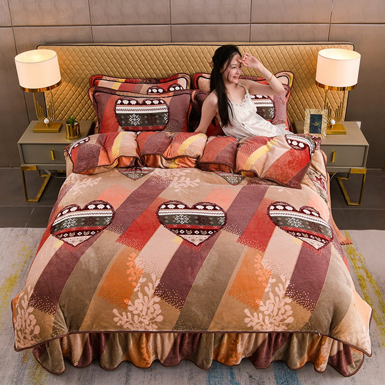 91家纺网 家纺一手货源 找家纺 梦宴 2025新款冬季牛奶绒加厚保暖床裙款法兰绒珊瑚绒四件套床上用品 怦然心动,怦然心动