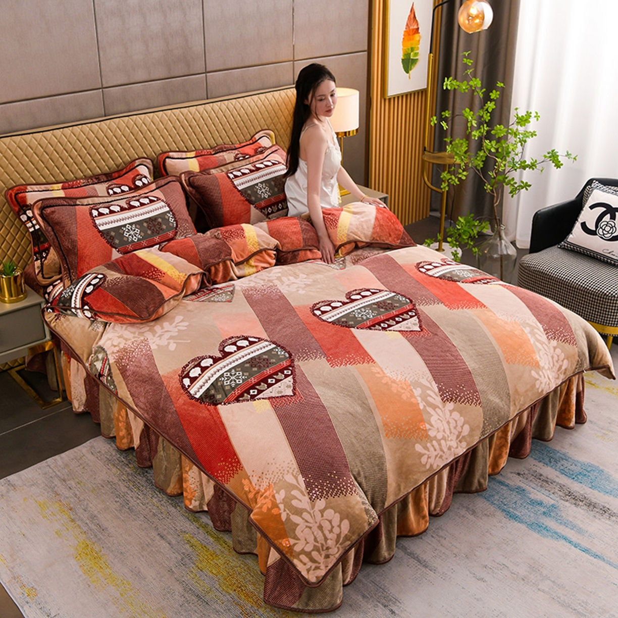 91家纺网 家纺一手货源 找家纺 梦宴 2025新款冬季牛奶绒加厚保暖床裙款法兰绒珊瑚绒四件套床上用品 怦然心动