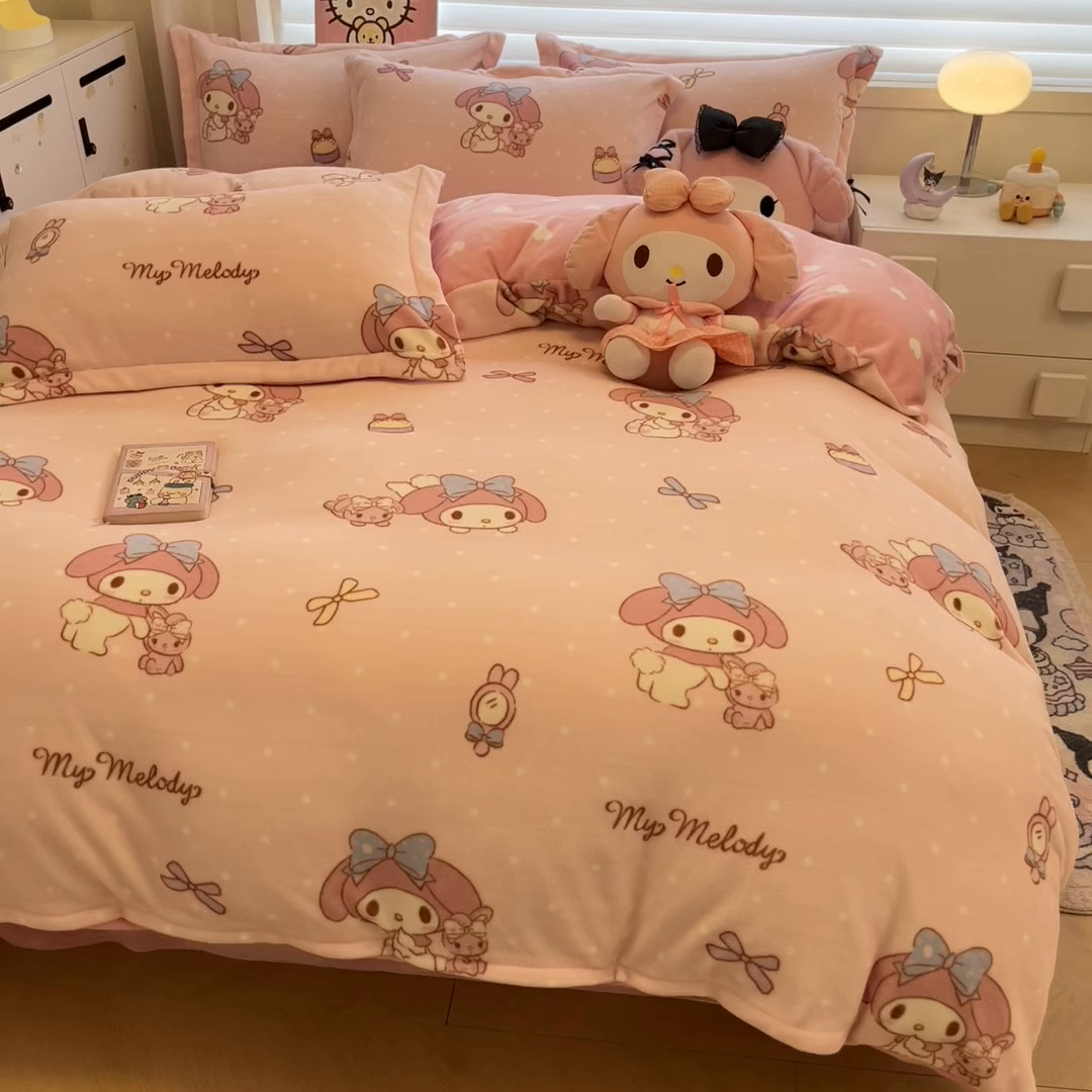 91家纺网 家纺一手货源 找家纺 暮思家居 2025新款三丽鸥正版授权高克重200克加厚保暖卡通牛奶绒四件套 牛奶绒-蝴蝶结美乐蒂