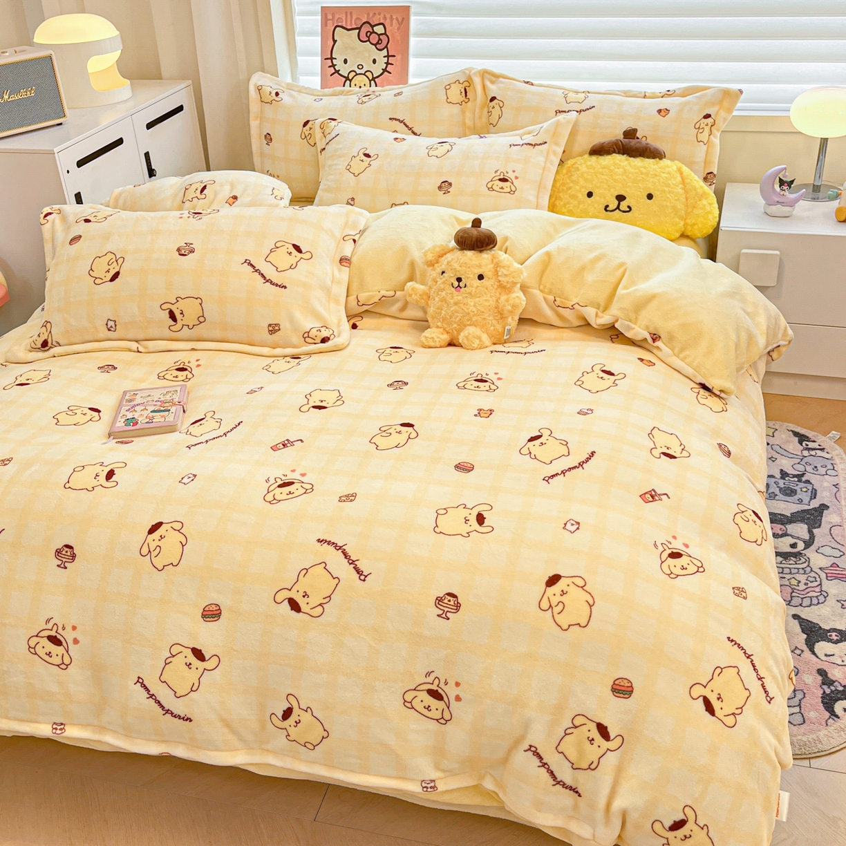 91家纺网 家纺一手货源 找家纺 暮思家居 2025新款三丽鸥正版授权高克重200克加厚保暖卡通牛奶绒四件套 牛奶绒-焦糖布丁狗