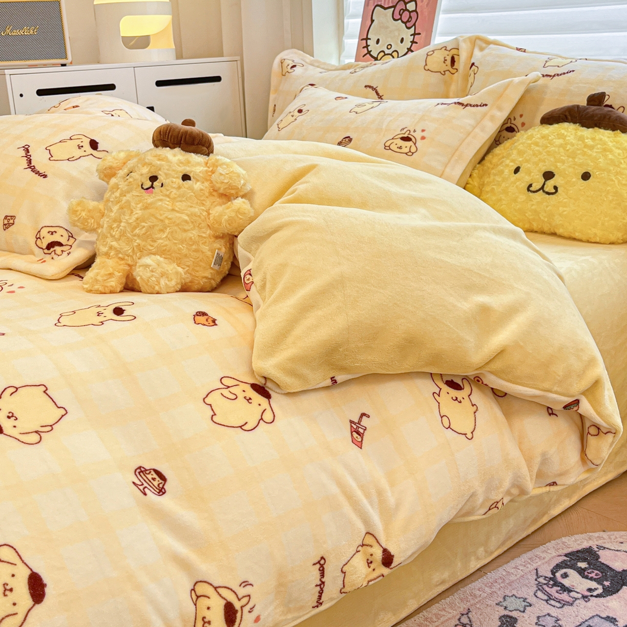 91家纺网 家纺一手货源 找家纺 暮思家居 2025新款三丽鸥正版授权高克重200克加厚保暖卡通牛奶绒四件套 牛奶绒-焦糖布丁狗