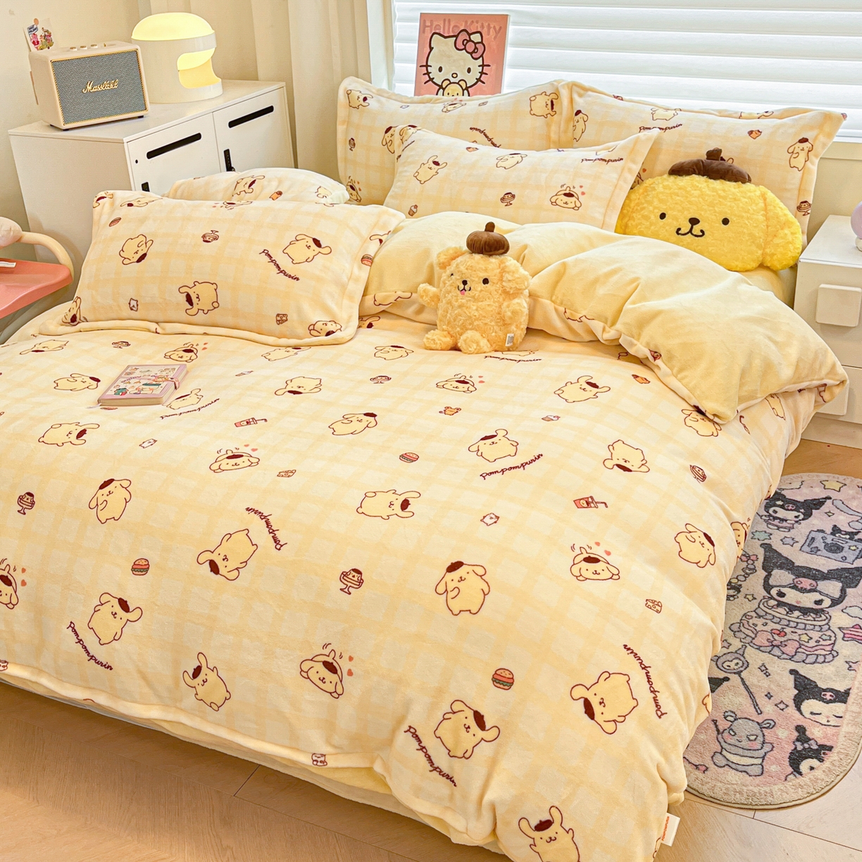 91家纺网 家纺一手货源 找家纺 暮思家居 2025新款三丽鸥正版授权高克重200克加厚保暖卡通牛奶绒四件套 牛奶绒-焦糖布丁狗