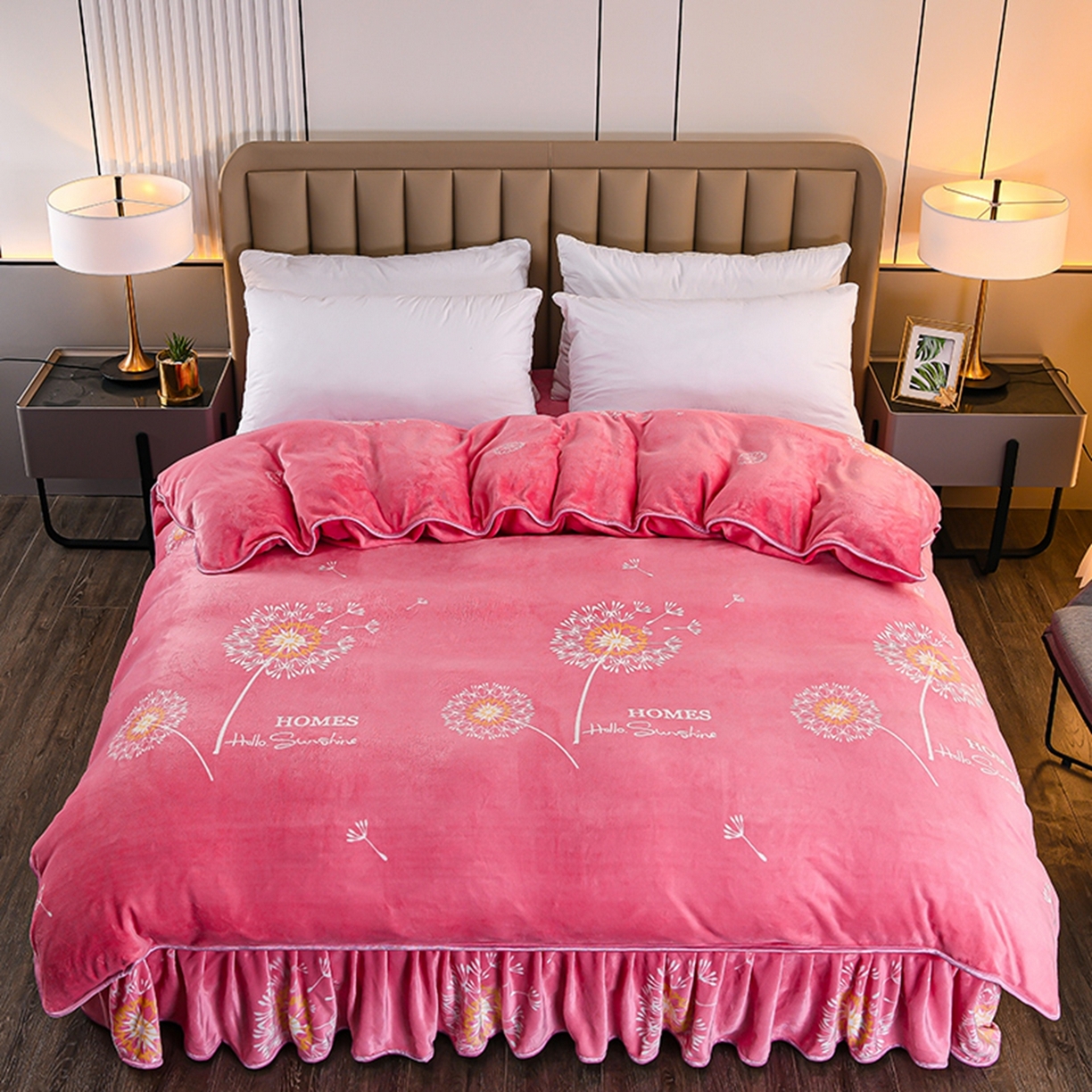 91家纺网 家纺一手货源 找家纺 梦宴 2025新款冬季牛奶绒加厚保暖床裙款法兰绒珊瑚绒四件套床上用品 蒲公英