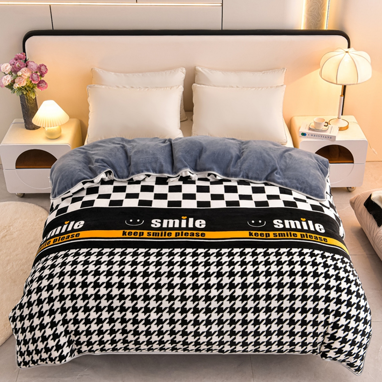 91家纺网 家纺一手货源 找家纺 梦宴 2025新款冬季牛奶绒加厚保暖床裙款法兰绒珊瑚绒四件套床上用品 千鸟格