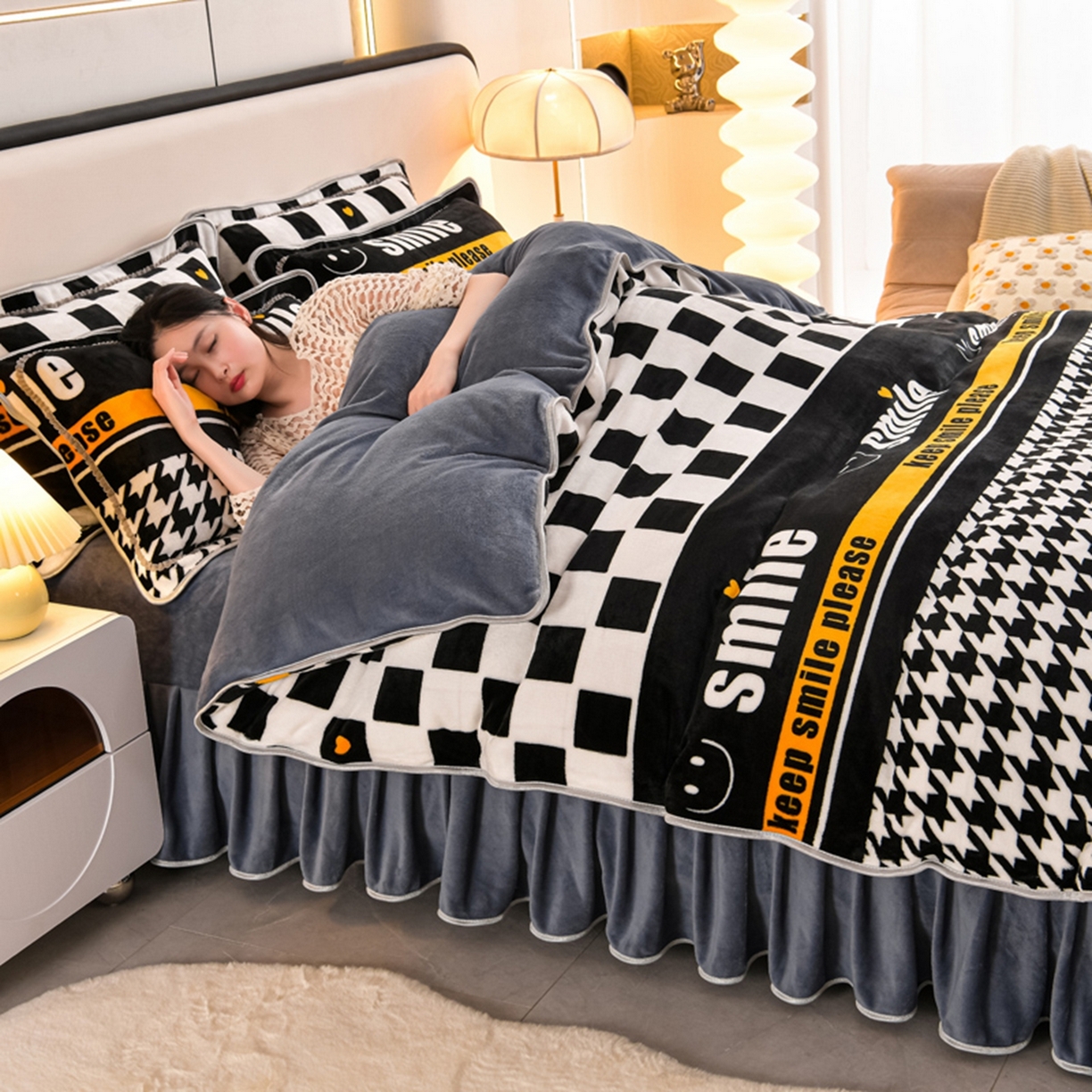 91家纺网 家纺一手货源 找家纺 梦宴 2025新款冬季牛奶绒加厚保暖床裙款法兰绒珊瑚绒四件套床上用品 千鸟格