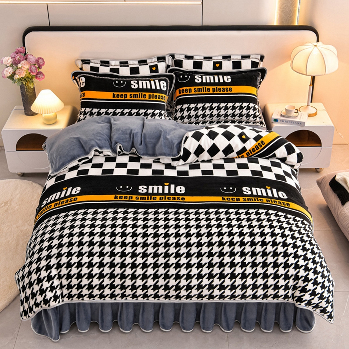 91家纺网 家纺一手货源 找家纺 梦宴 2025新款冬季牛奶绒加厚保暖床裙款法兰绒珊瑚绒四件套床上用品 千鸟格