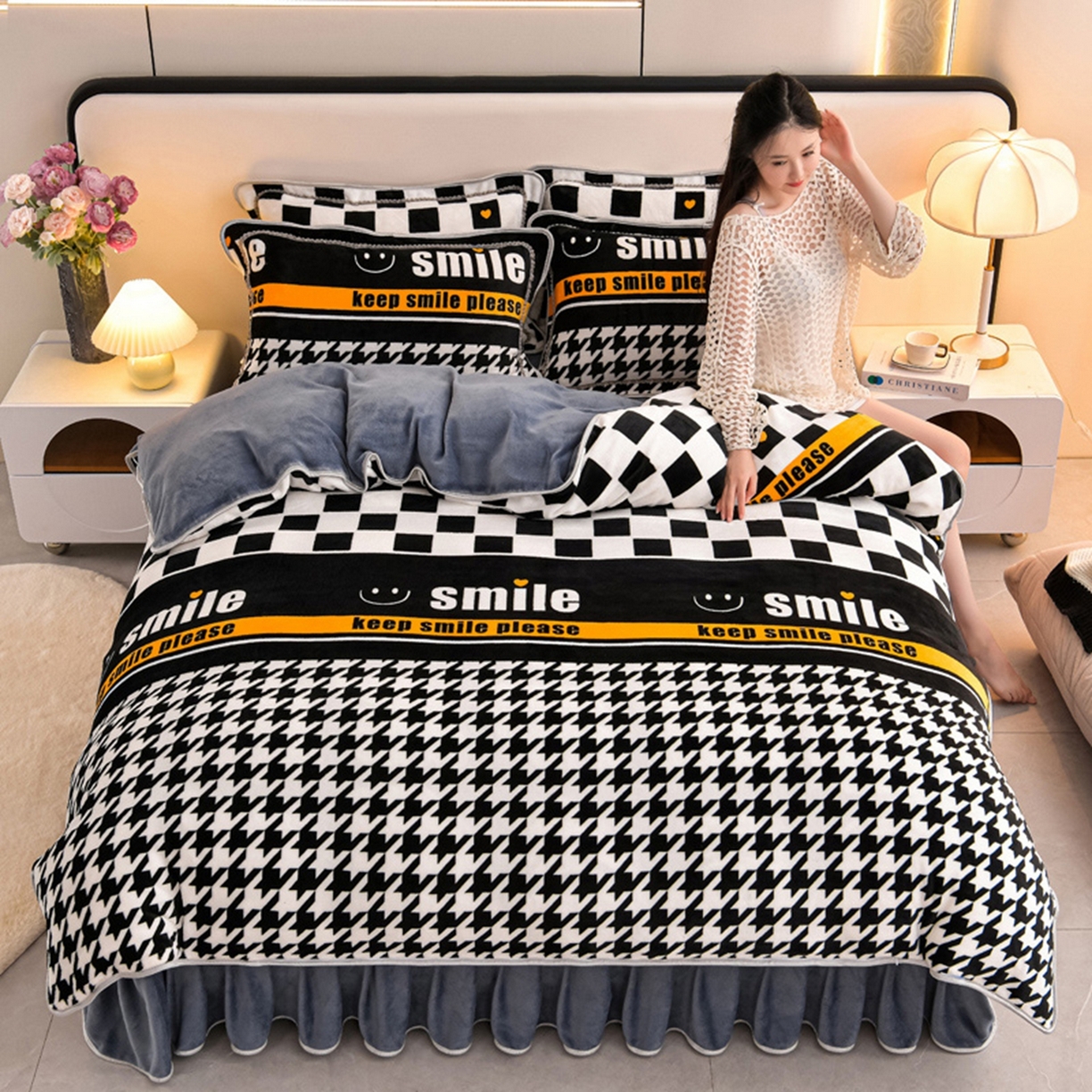 91家纺网 家纺一手货源 找家纺 梦宴 2025新款冬季牛奶绒加厚保暖床裙款法兰绒珊瑚绒四件套床上用品 千鸟格,千鸟格