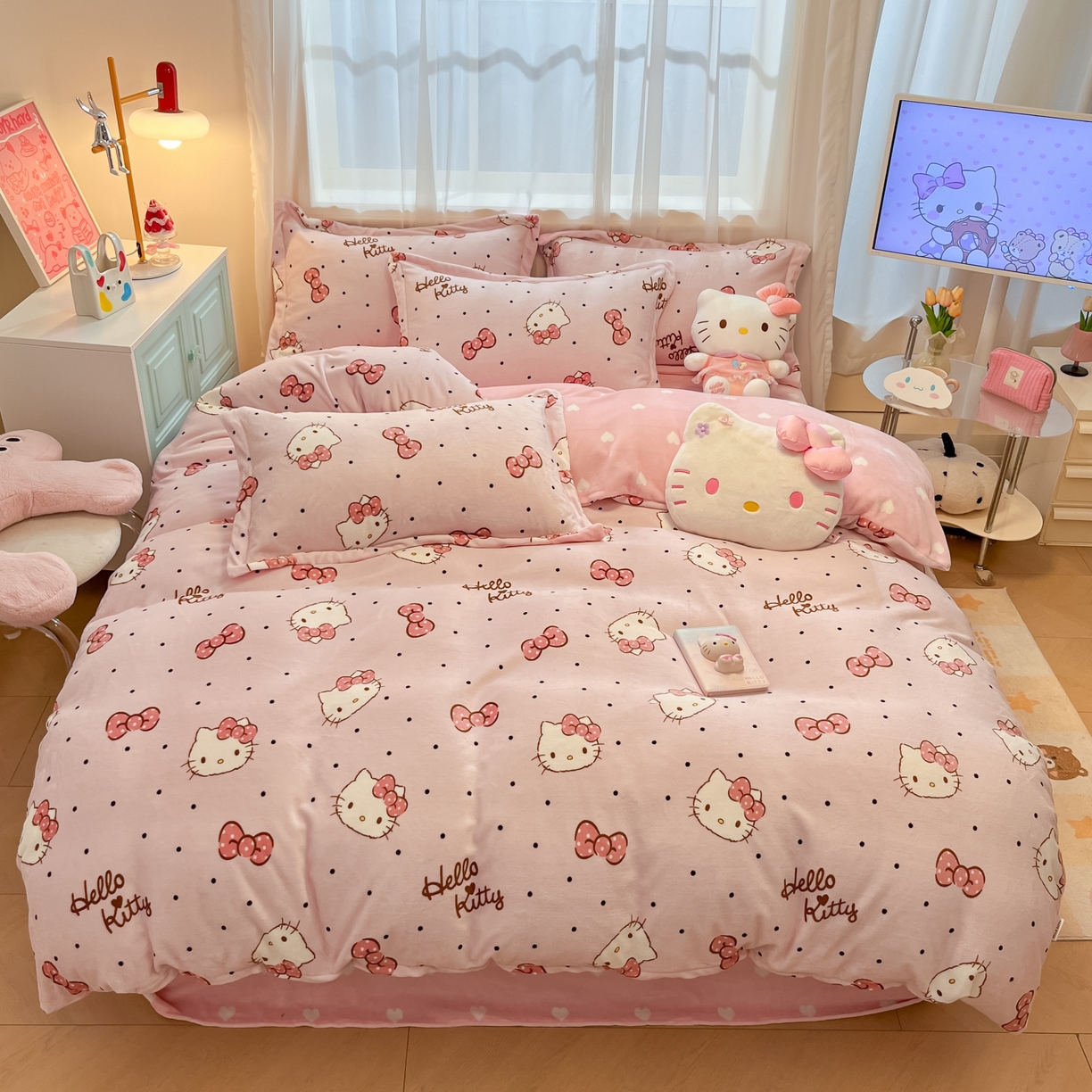 91家纺网 家纺一手货源 找家纺 暮思家居 2025新款三丽鸥正版授权高克重200克加厚保暖卡通牛奶绒四件套 牛奶绒-可爱kt