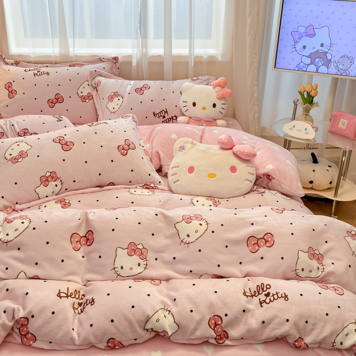 91家纺网 家纺一手货源 找家纺 暮思家居 2025新款三丽鸥正版授权高克重200克加厚保暖卡通牛奶绒四件套 牛奶绒-可爱kt