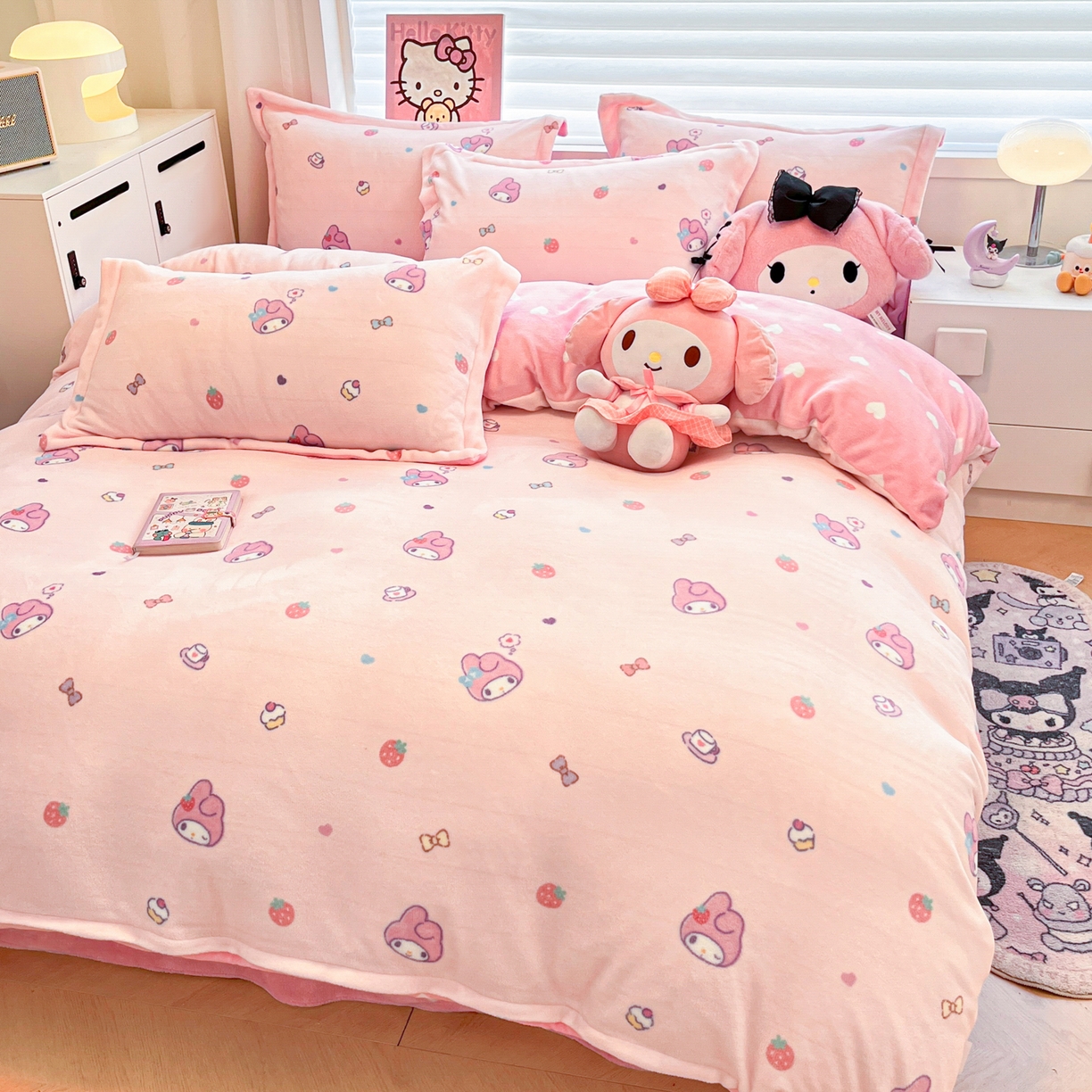 91家纺网 家纺一手货源 找家纺 暮思家居 2025新款三丽鸥正版授权高克重200克加厚保暖卡通牛奶绒四件套 牛奶绒-可可美乐蒂