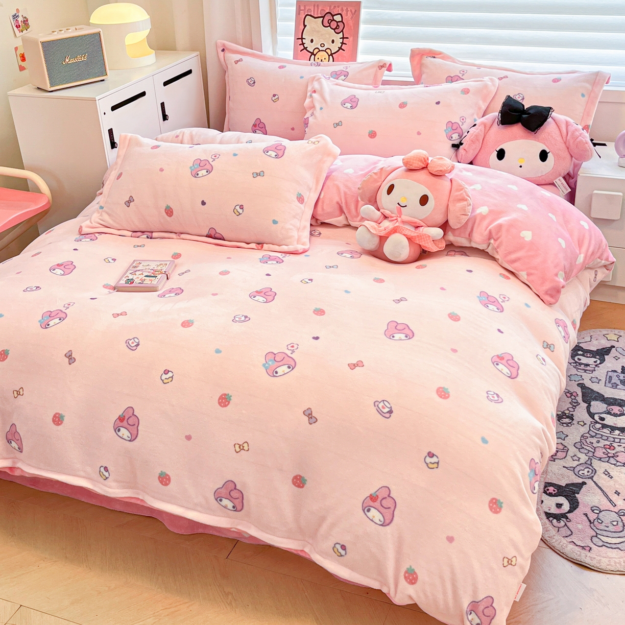 91家纺网 家纺一手货源 找家纺 暮思家居 2025新款三丽鸥正版授权高克重200克加厚保暖卡通牛奶绒四件套 牛奶绒-可可美乐蒂