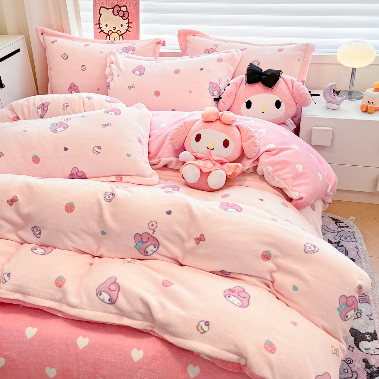 91家纺网 家纺一手货源 找家纺 暮思家居 2025新款三丽鸥正版授权高克重200克加厚保暖卡通牛奶绒四件套 牛奶绒-可可美乐蒂