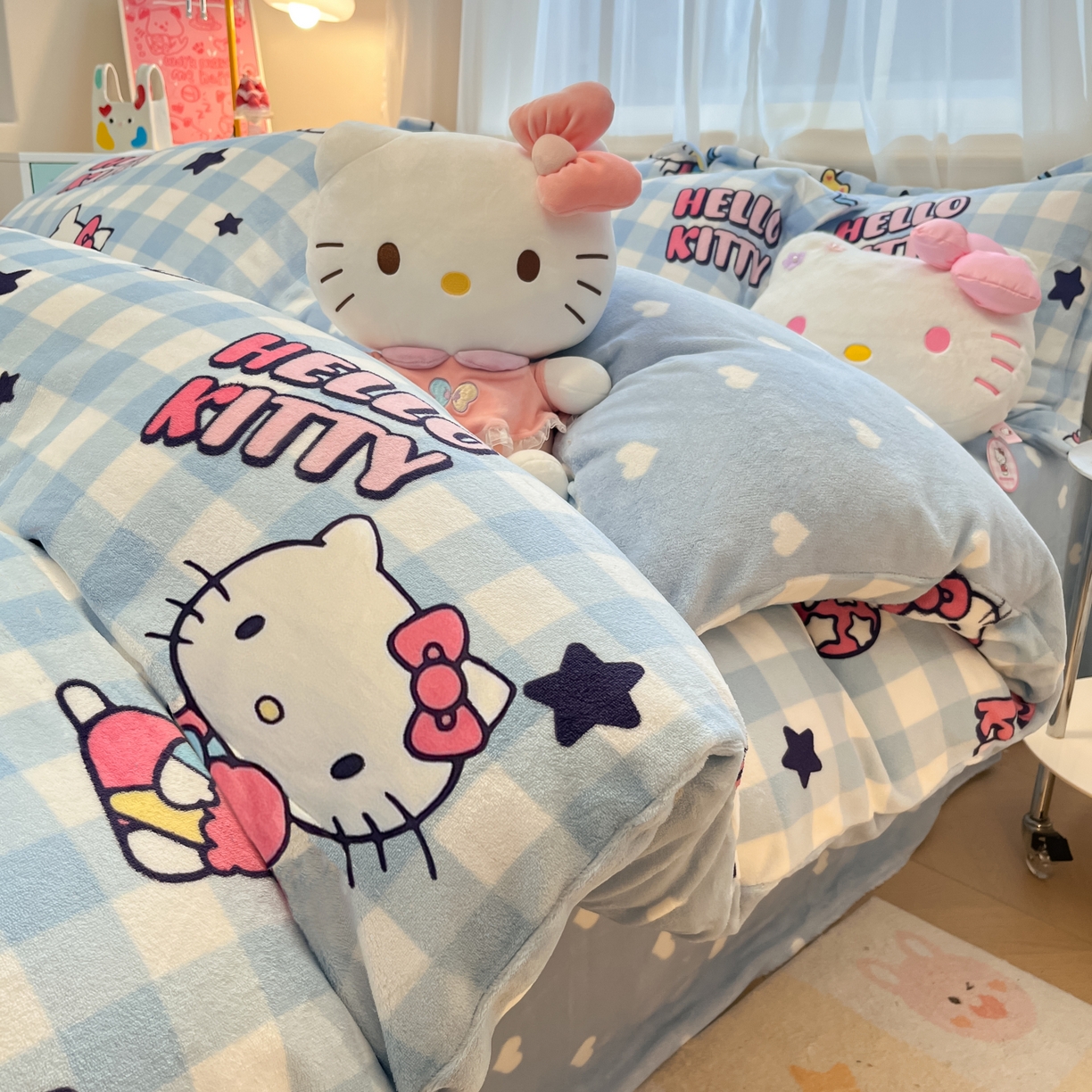 暮思家居 2025新款三丽鸥正版授权高克重200克加厚保暖卡通牛奶绒四件套 牛奶绒-蓝格kt