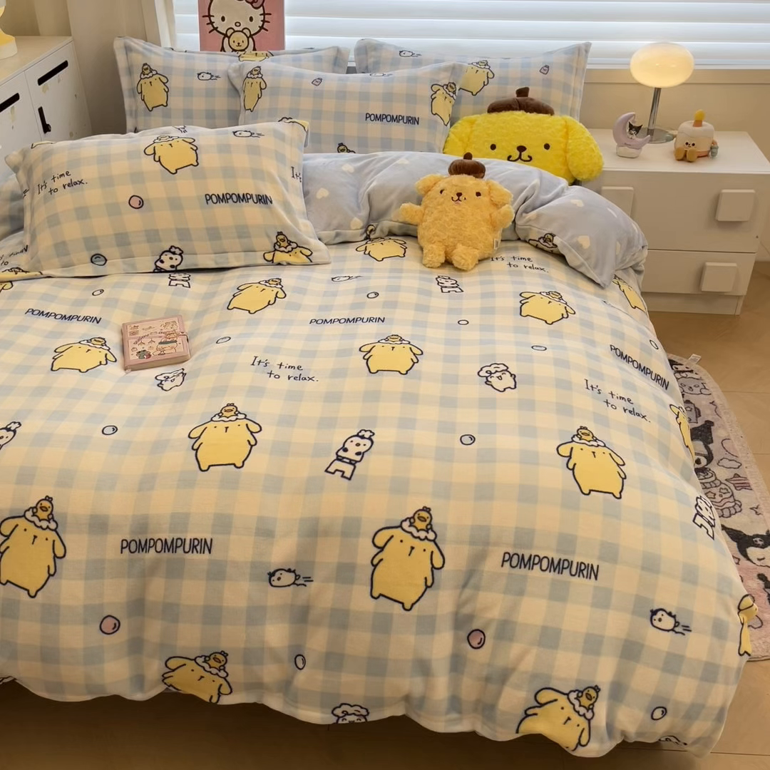 91家纺网 家纺一手货源 找家纺 暮思家居 2025新款三丽鸥正版授权高克重200克加厚保暖卡通牛奶绒四件套 牛奶绒-泡泡布丁狗