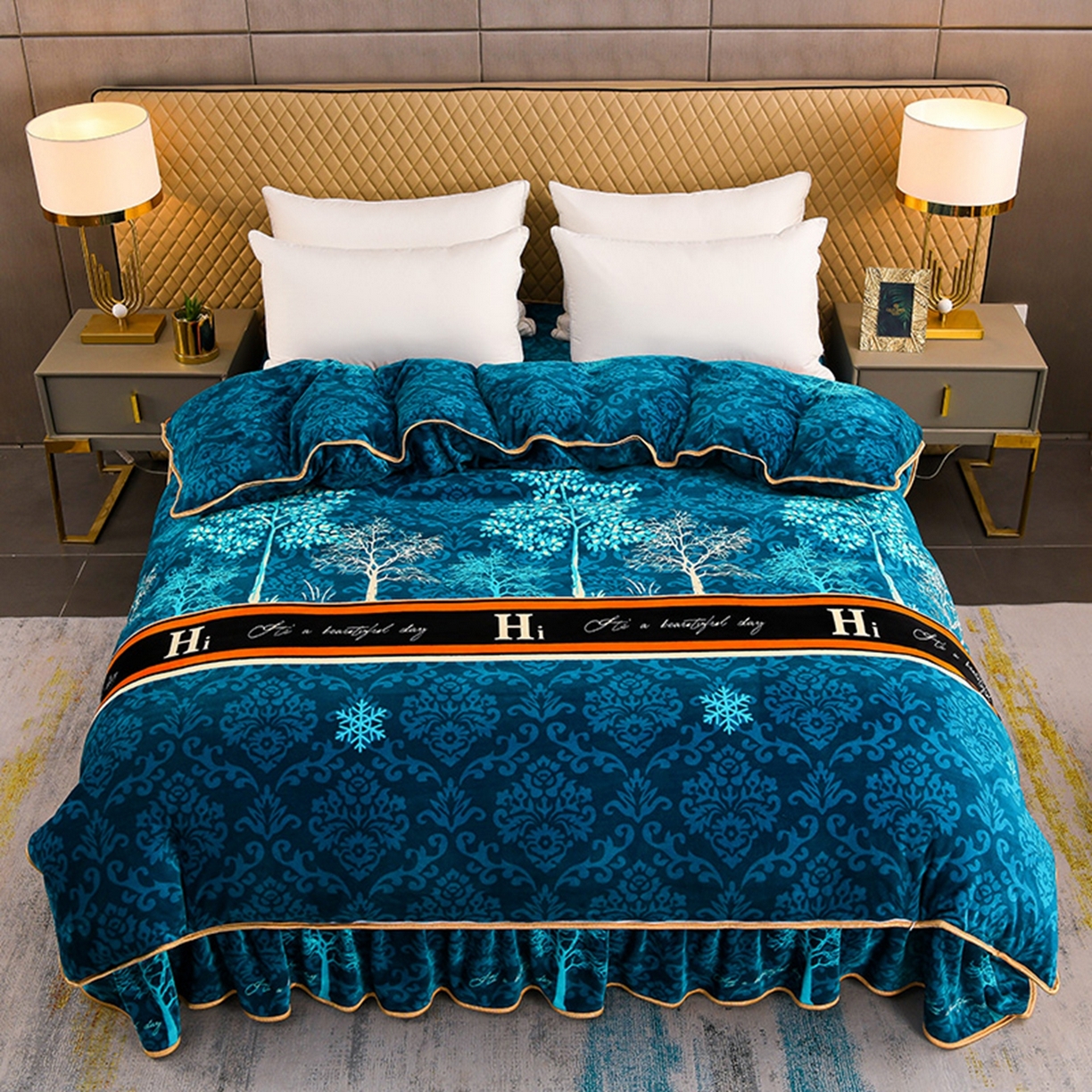 91家纺网 家纺一手货源 找家纺 梦宴 2025新款冬季牛奶绒加厚保暖床裙款法兰绒珊瑚绒四件套床上用品 森林童话