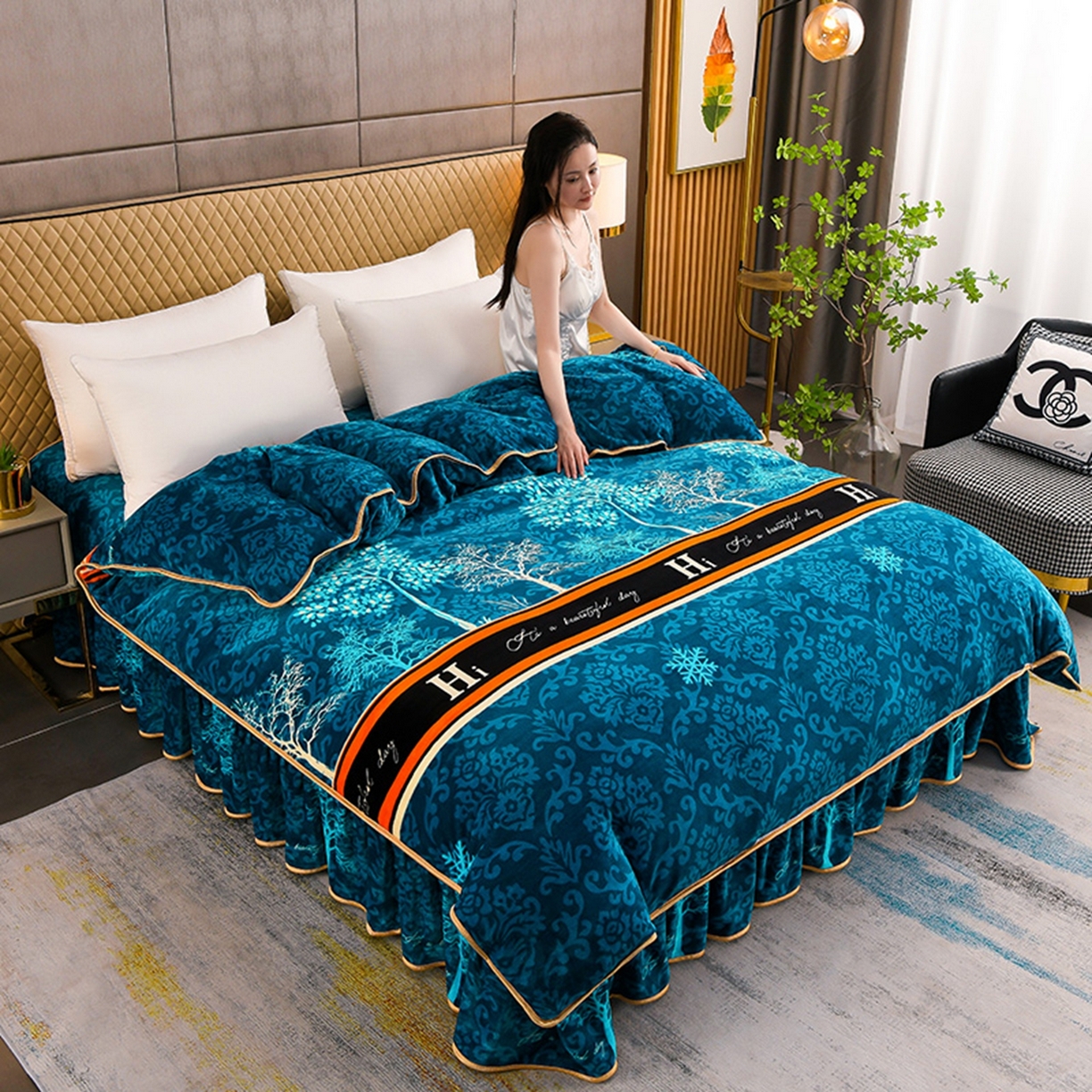 91家纺网 家纺一手货源 找家纺 梦宴 2025新款冬季牛奶绒加厚保暖床裙款法兰绒珊瑚绒四件套床上用品 森林童话