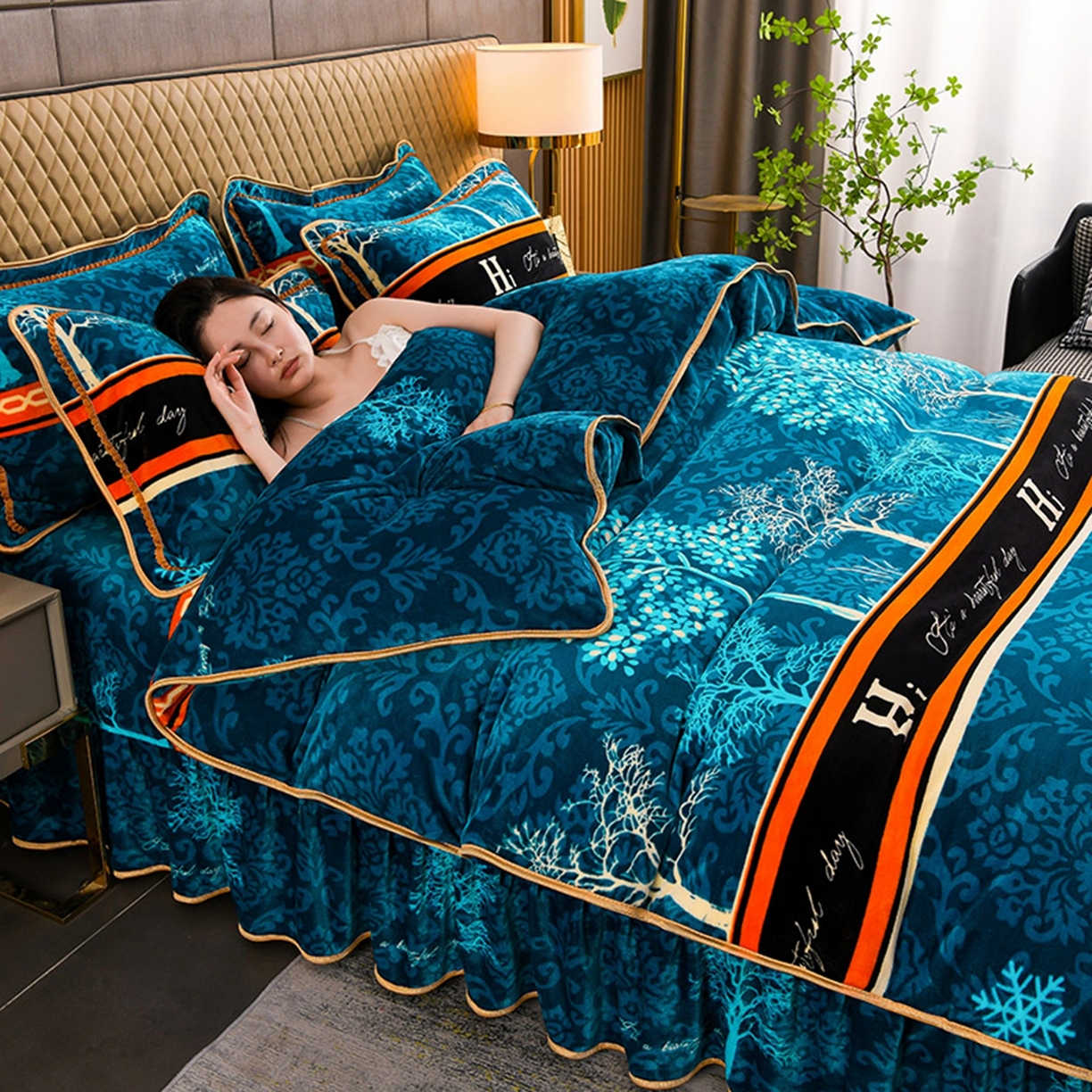 91家纺网 家纺一手货源 找家纺 梦宴 2025新款冬季牛奶绒加厚保暖床裙款法兰绒珊瑚绒四件套床上用品 森林童话