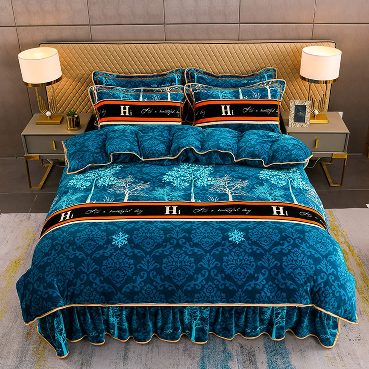 91家纺网 家纺一手货源 找家纺 梦宴 2025新款冬季牛奶绒加厚保暖床裙款法兰绒珊瑚绒四件套床上用品 森林童话