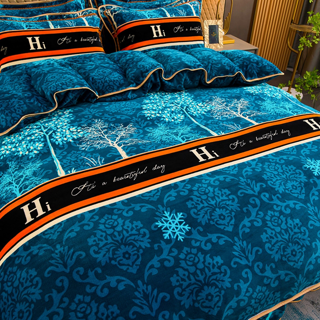 91家纺网 家纺一手货源 找家纺 梦宴 2025新款冬季牛奶绒加厚保暖床裙款法兰绒珊瑚绒四件套床上用品 森林童话