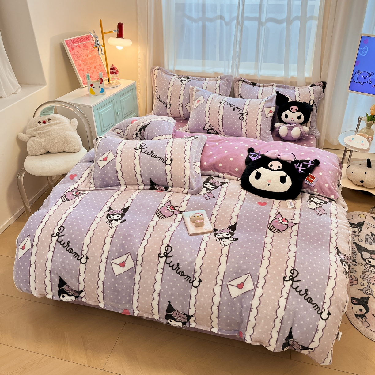 91家纺网 家纺一手货源 找家纺 暮思家居 2025新款三丽鸥正版授权高克重200克加厚保暖卡通牛奶绒四件套 牛奶绒-情书库洛米